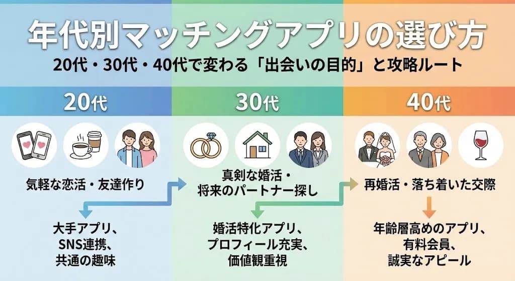 年代別マッチングアプリの選び方|20代・30代・40代で変わる「出会いの目的」と攻略ルート