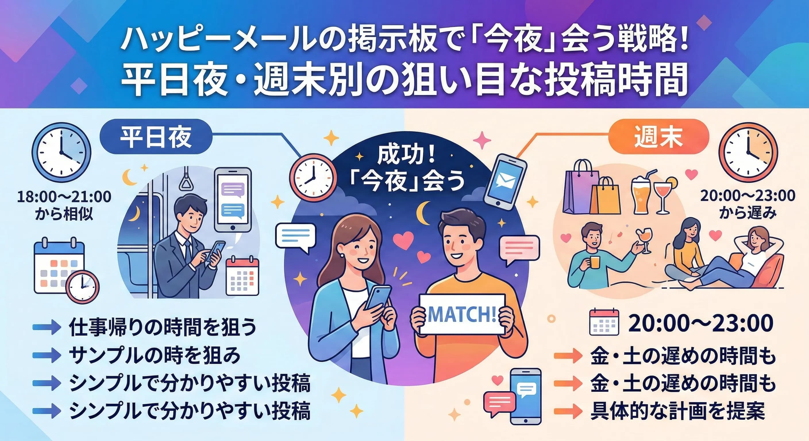 ハッピーメールの掲示板で「今夜」会う戦略!平日夜・週末別の狙い目な投稿時間